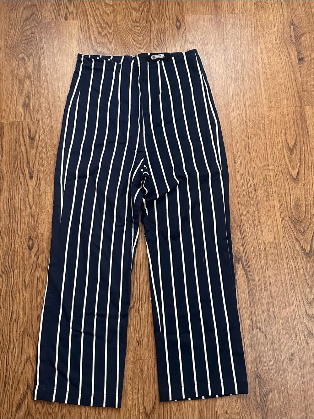 Reformation Navy and White Vertical Stripe pants size 4 high rise FLAWS nautical